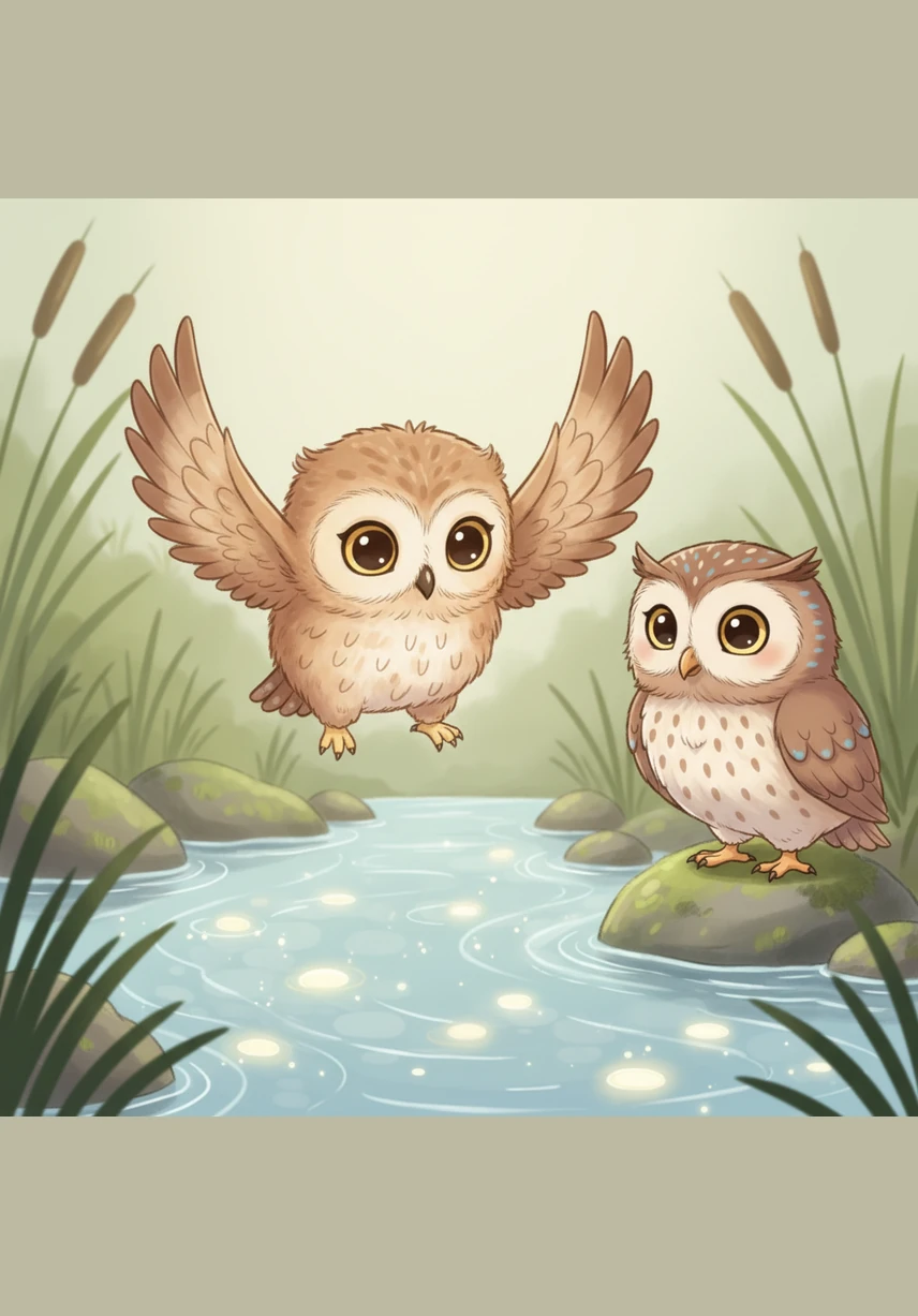 He flapped his soft wings and glided down to the sparkling stream, where the water hummed a low, rhythmic lullaby. The pebbles glowed like fallen stars beneath the gentle current.
