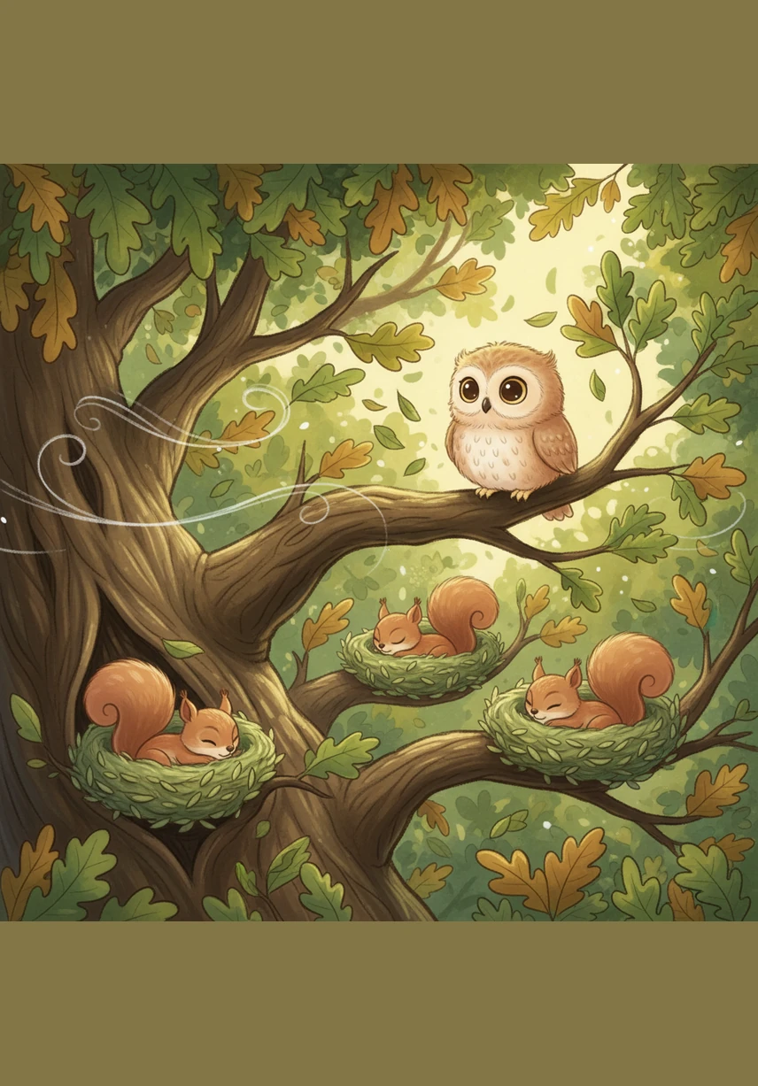 High in the ancient oak tree, he found the squirrels tucked into their leafy nests, tails wrapped around them like silken blankets. The wind whistled a soft tune through the branches to keep them company.