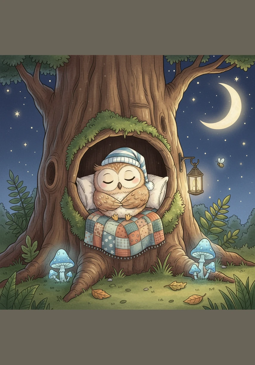 Tucked safely inside, Oliver watched the moon through the leaves until his eyes finally closed. The forest was quiet, the stars were bright, and it was time for beautiful dreams.