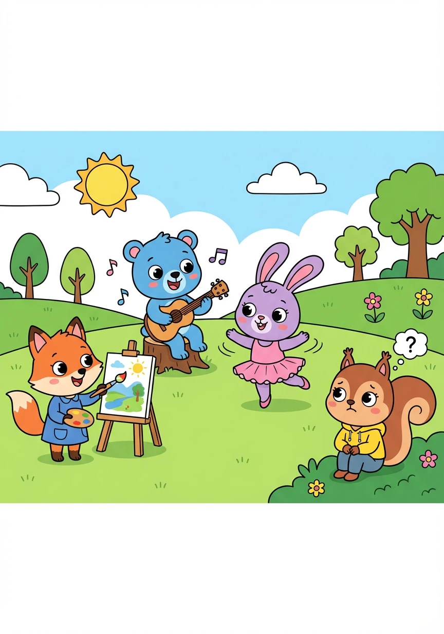 Lara watched her friends showcasing their talents. Mia painted beautiful landscapes, Tom played the guitar flawlessly, and Sofia danced with grace. Lara felt a pang of sadness, wondering what her own special talent might be.