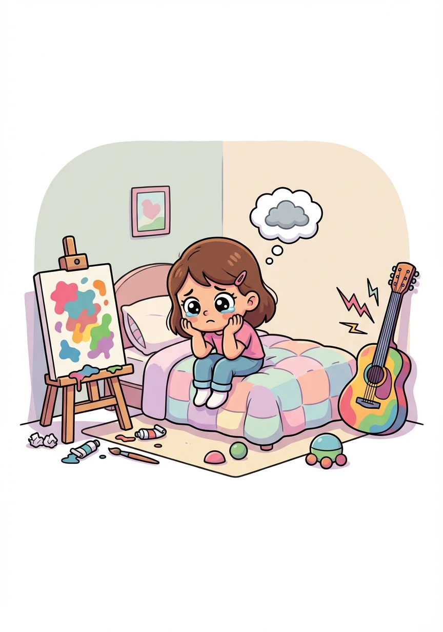 Lara tried painting, but her blobs of color didn't resemble anything. She picked up a guitar, but the chords sounded like a cat fight. Discouraged, she slumped onto her bed, feeling like she had no talent at all.