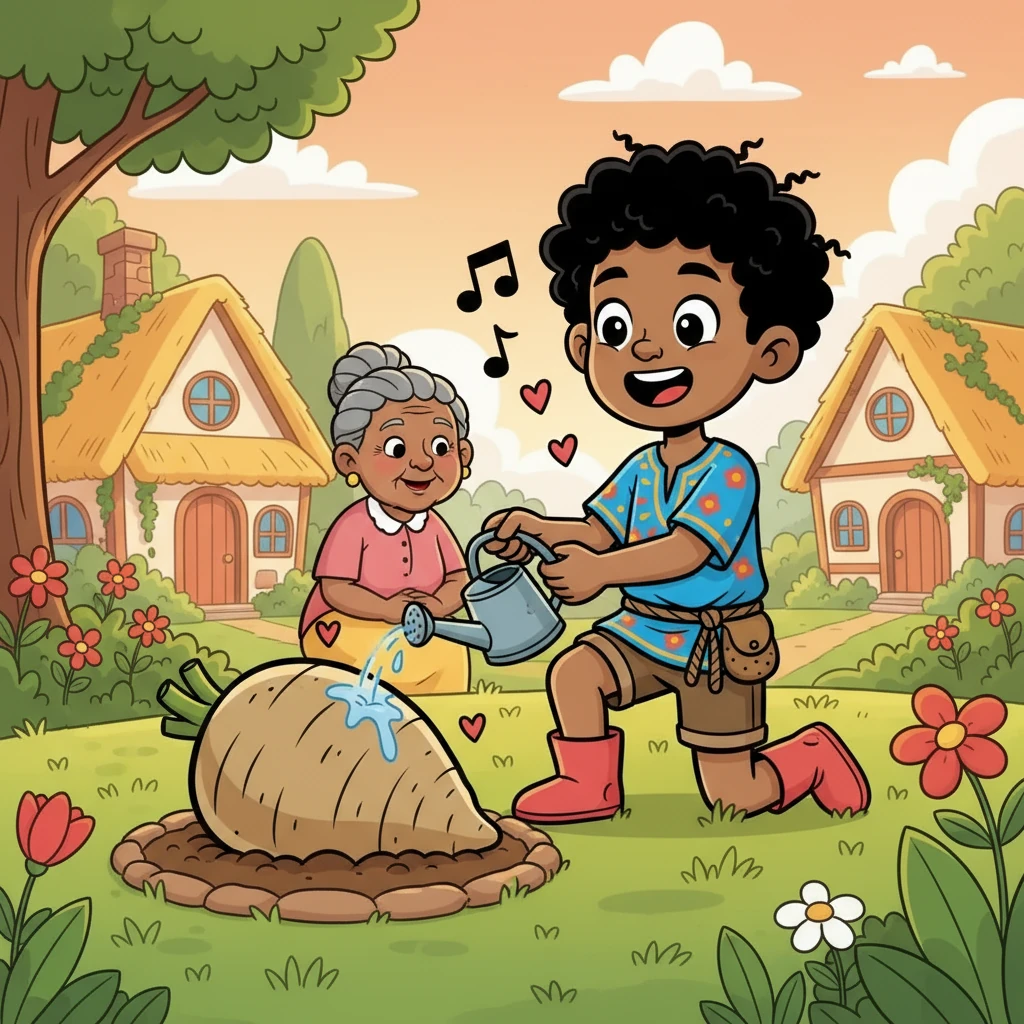 Àṣàkẹ́ carefully tended his enormous yam, watering it and singing to it every day. The yam grew bigger and rounder, promising a delicious meal with Ìyá Àgbà. He imagined the sweet taste and the warmth of sharing it with her.