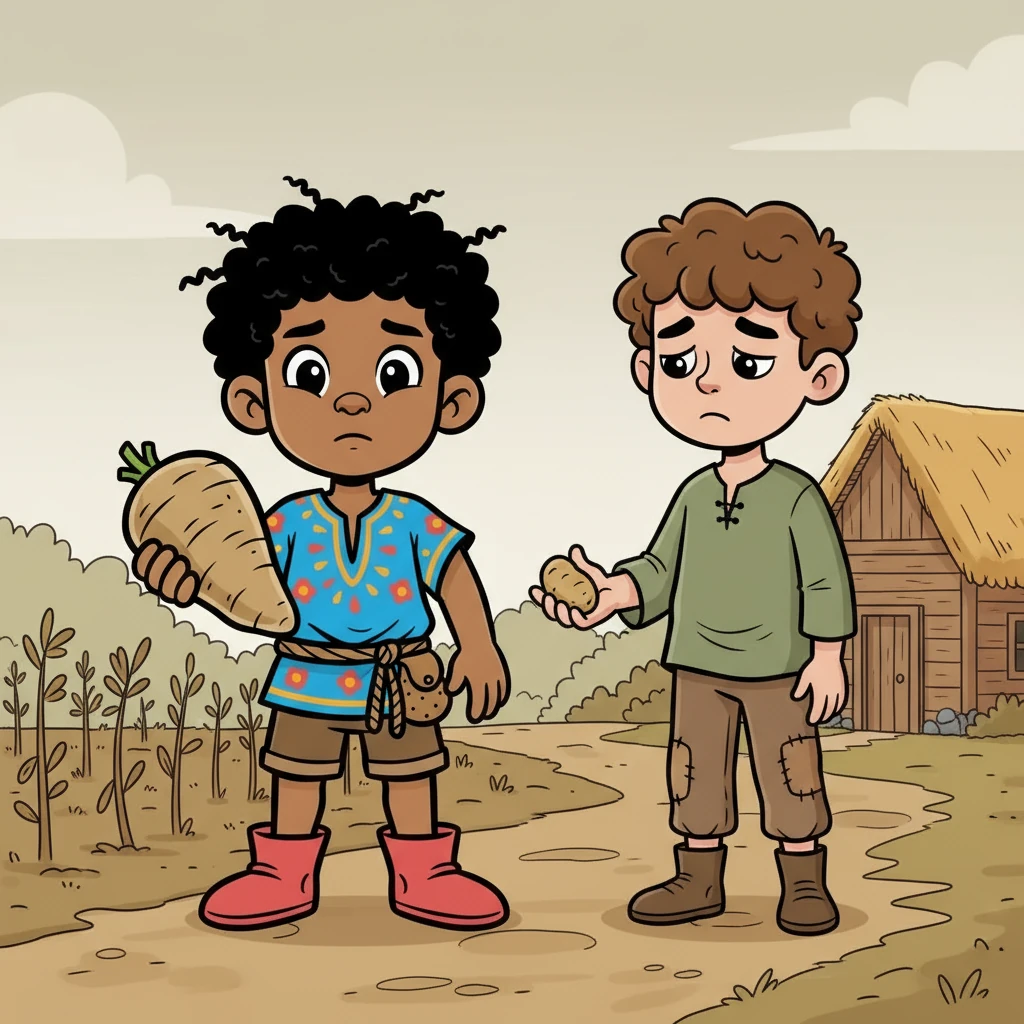 One day, as Àṣàkẹ́ carried his precious yam home, he met his friend, Olú. Olú's face was clouded with sadness. His family's harvest had been poor, and they didn't have much food.