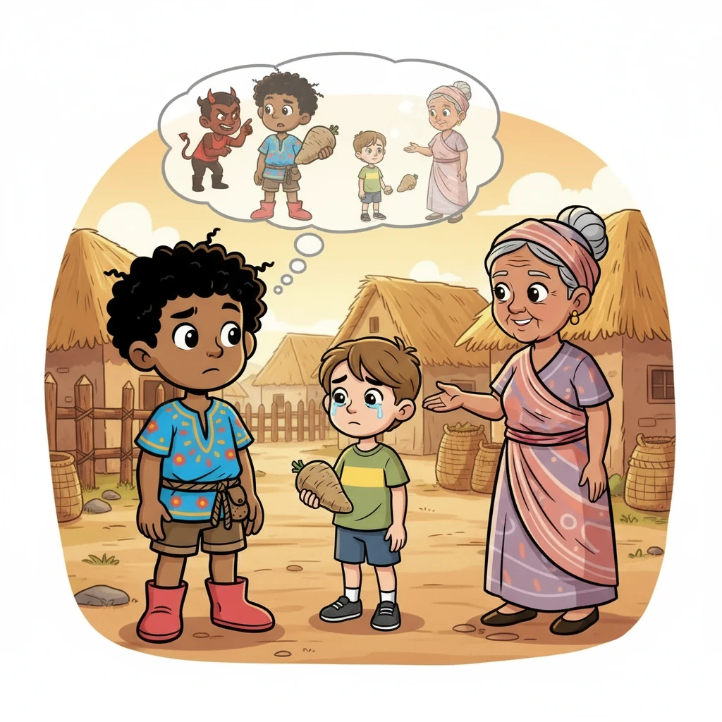 Àṣàkẹ́ looked at his big yam, then at Olú's sad face. A little voice whispered, 'Keep the yam!' But the voice of Ìyá Àgbà, filled with love, reminded him of the proverb: 'Àjùmọ̀ṣe ni àgbàrà.'