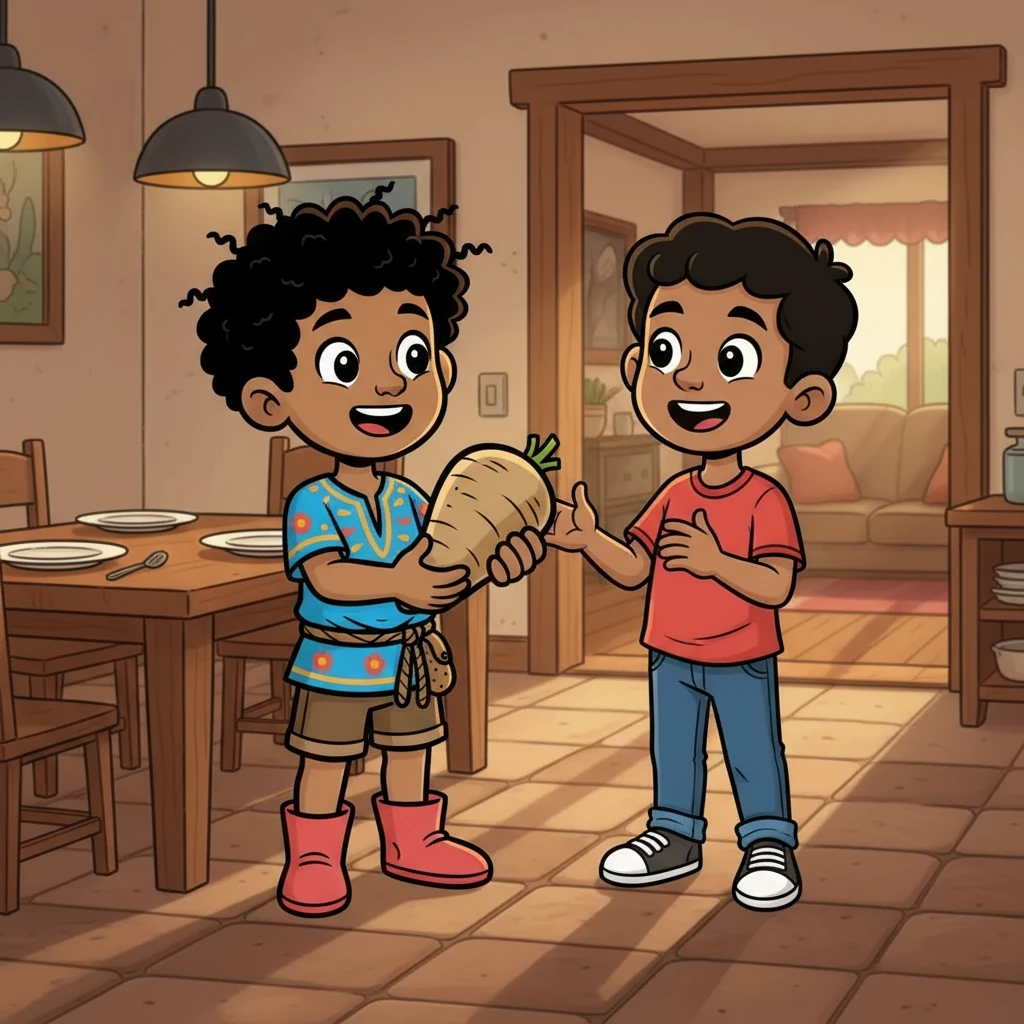 Taking a deep breath, Àṣàkẹ́ offered the yam to Olú. He suggested they cook it together and share it with Olú's family. Olú's face lit up with joy and gratitude.