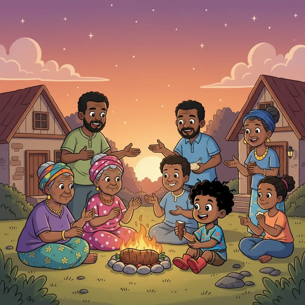 That evening, the aroma of roasted yam filled the air. Àṣàkẹ́, Ìyá Àgbà, Olú, and his family, along with neighbors, shared the meal. Everyone laughed, told stories, and learned that sharing brings even greater joy.