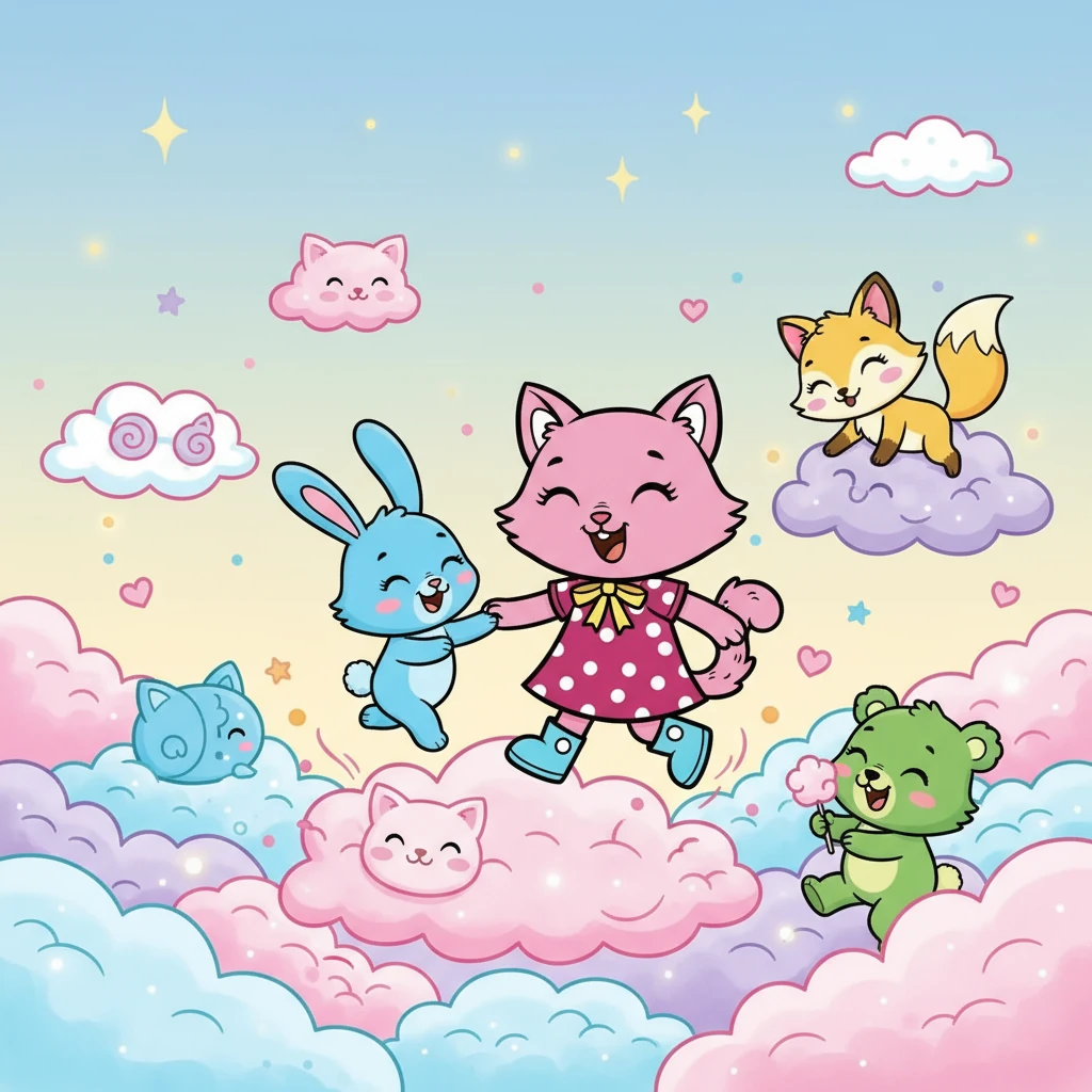 Pink e seus amigos, que eram todos fofinhos e coloridos, brincavam em meio a nuvens de algodão doce. Eles riam, pulavam e compartilhavam segredos, criando memórias preciosas em seu mundo mágico.