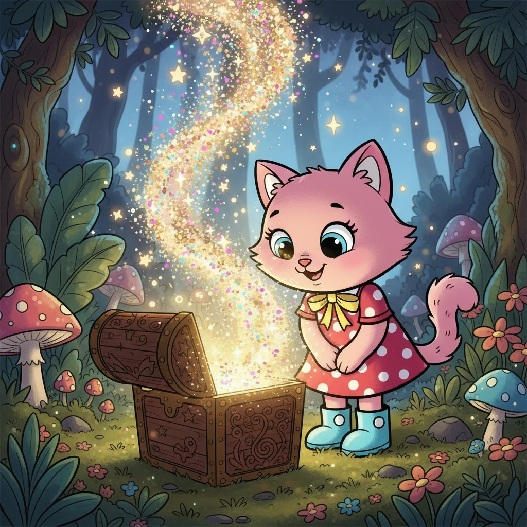 Em um dia especial, Pink encontrou uma caixa mágica cheia de glitter e sonhos. Ao abri-la, uma luz brilhante envolveu Pink, prometendo grandes aventuras e descobertas emocionantes.