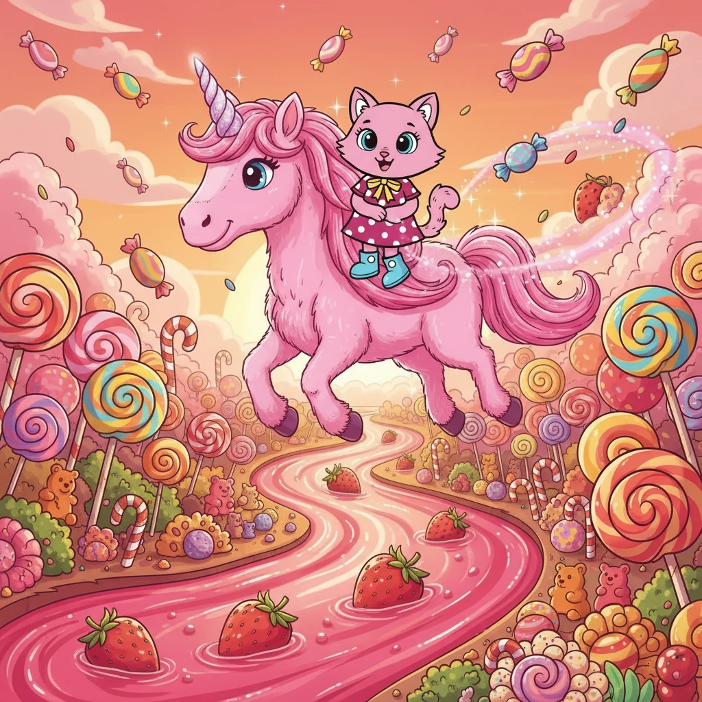Pink encontrou um unicórnio rosa que falava e propôs uma jornada incrível. Juntos, eles voaram sobre rios de suco de morango e florestas de pirulitos gigantes, cheios de maravilhas.