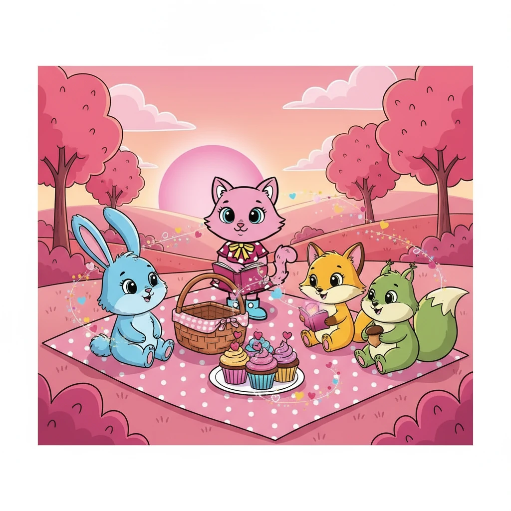 No final do dia, Pink e seus amigos se reuniram para um piquenique mágico. Eles comeram cupcakes, contaram histórias e espalharam amor por todos os cantos do mundo rosa, celebrando a amizade.