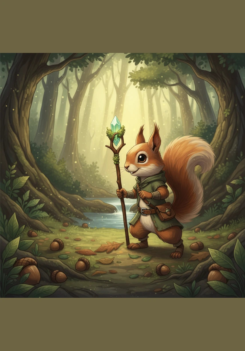 In the heart of a sun-drenched forest, Benny the squirrel busily scampers through the tall grass. He searches under every golden leaf for the perfect, crunchy acorns to start his morning collection.