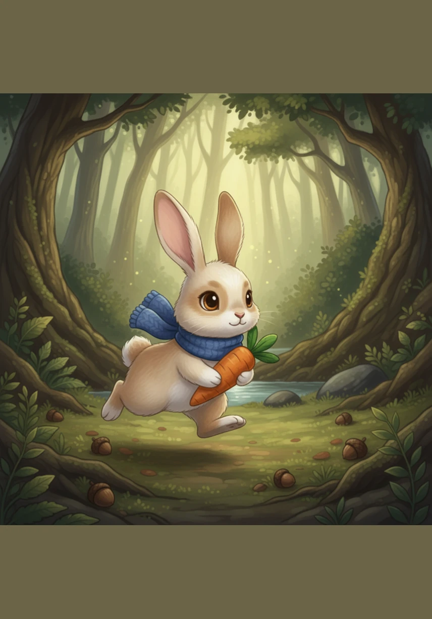 Molly the rabbit hops over with a twitching nose and a bright smile, asking Benny to join a game of hide-and-seek. Benny barely looks up from his work, shaking his head as he carefully balances another acorn on his tall stack.