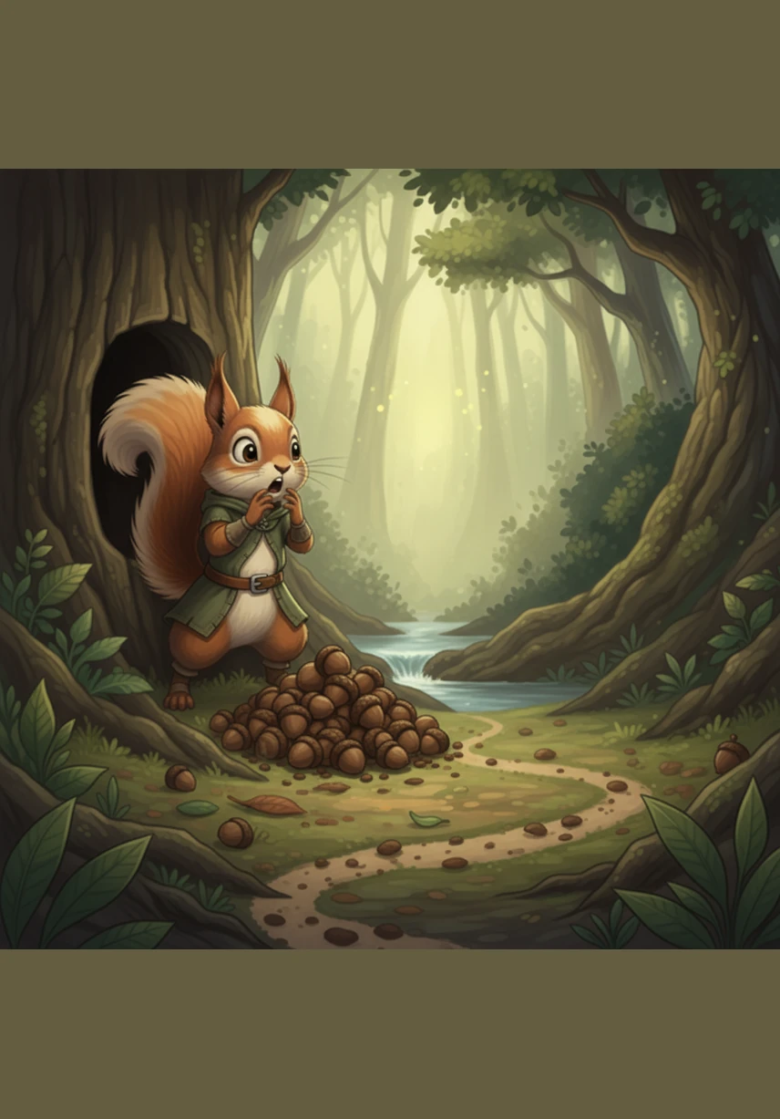 The next morning, Benny gasps in surprise when he notices his magnificent pile has grown smaller overnight. He follows a trail of tiny crumbs leading away from his tree, his heart racing with worry about his missing treasures.