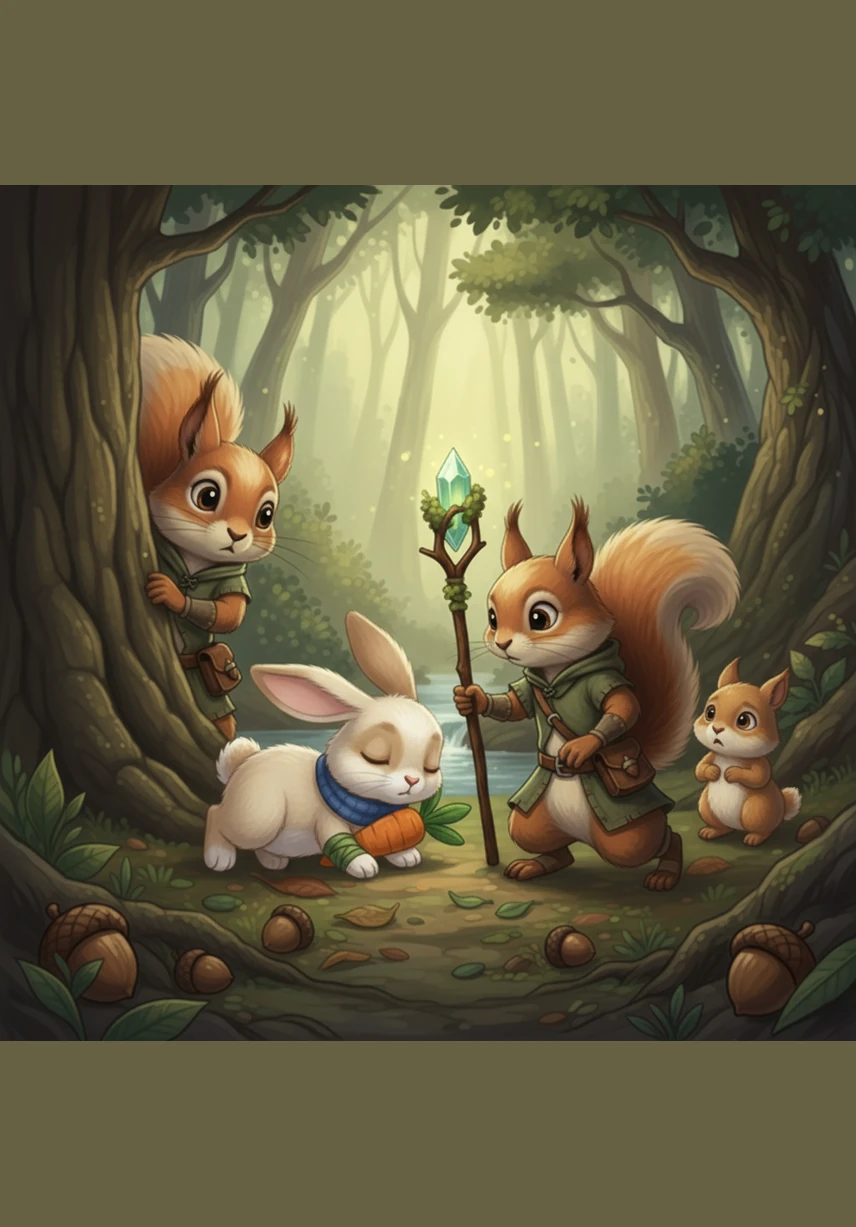 Peeking behind a large fern, Benny finds Molly gently handing his acorns to a family of small, hungry chipmunks. He watches from the shadows, initially upset that his hard work is being given away without his permission.