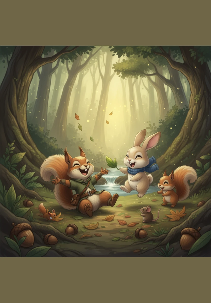 The forest is alive with laughter as Benny and the other animals play together under the warm sun. He realizes that the sound of his friends' giggles is much more rewarding than the silence of guarding a pile of nuts.