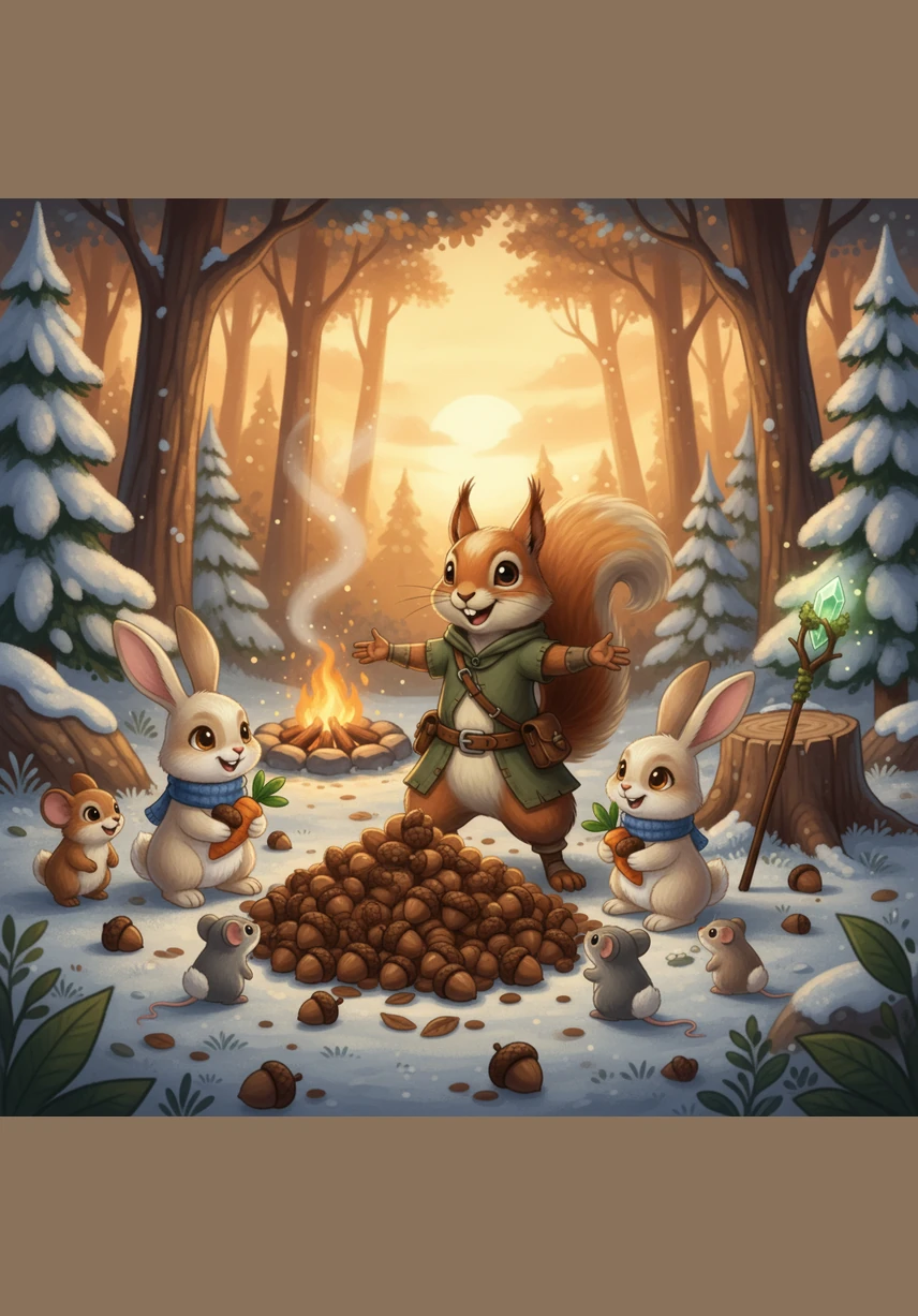 Benny decides to share his acorns with everyone to ensure they stay warm and fed throughout the winter. With a heart fuller than his acorn pile, he learns that the best way to enjoy life is by balancing hard work with the magic of friendship.