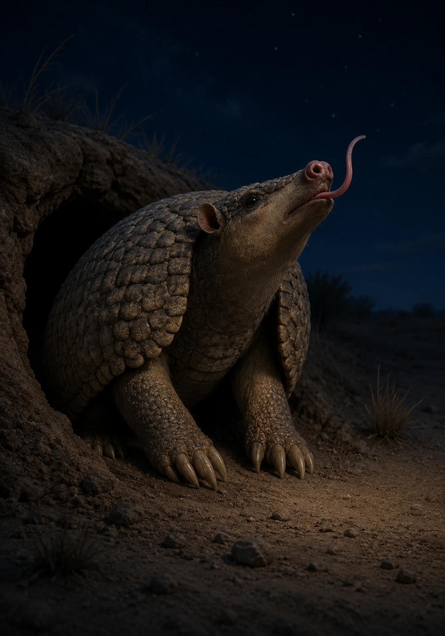 Tato the giant armadillo steps out of his big, dark burrow. He is as large as a big dog and carries a hard, heavy shell on his back. His strong claws click against the dry soil as he sniffs the night air.