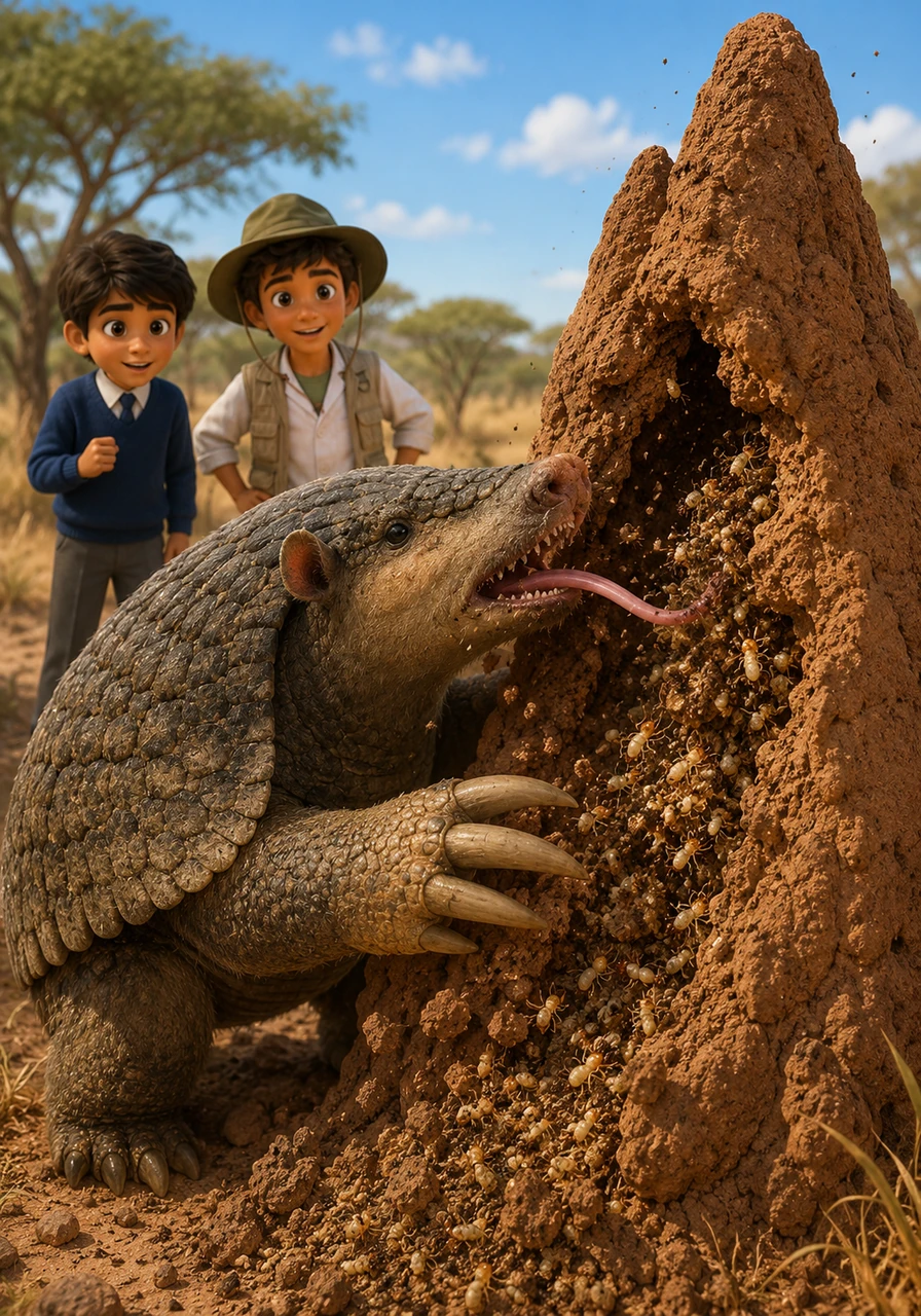 Tato is hungry and looks for his favorite food. He walks to a tall termite mound and uses his powerful front claws to tear it open. Inside, thousands of insects move, and Tato eats them quickly.