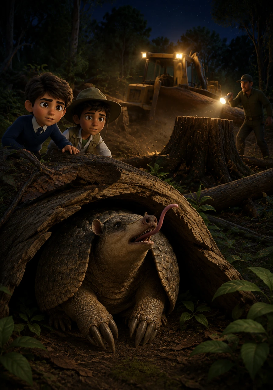 The night is beautiful, but Tato faces big dangers in the forest. Loud bulldozers arrive to cut down the old trees, making his safe home smaller every single day. Hunters also look for him, forcing him to hide in fear.