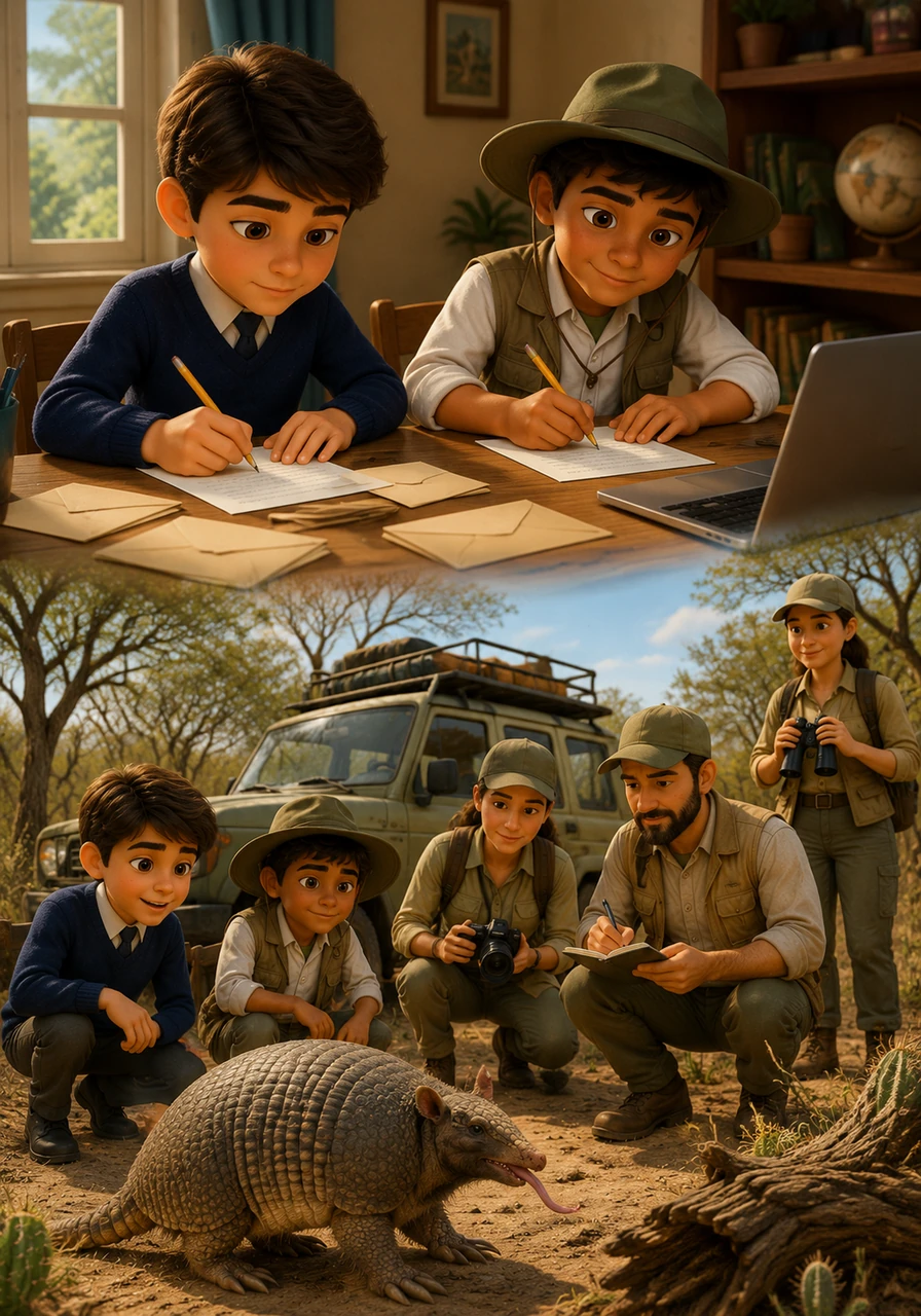 The boys write letters to big nature organizations like Rewilding Argentina and Greenpeace. Experts from the Important Charcoal and Armadillo Conservation Project hear their call and travel to the Gran Chaco to study Tato.