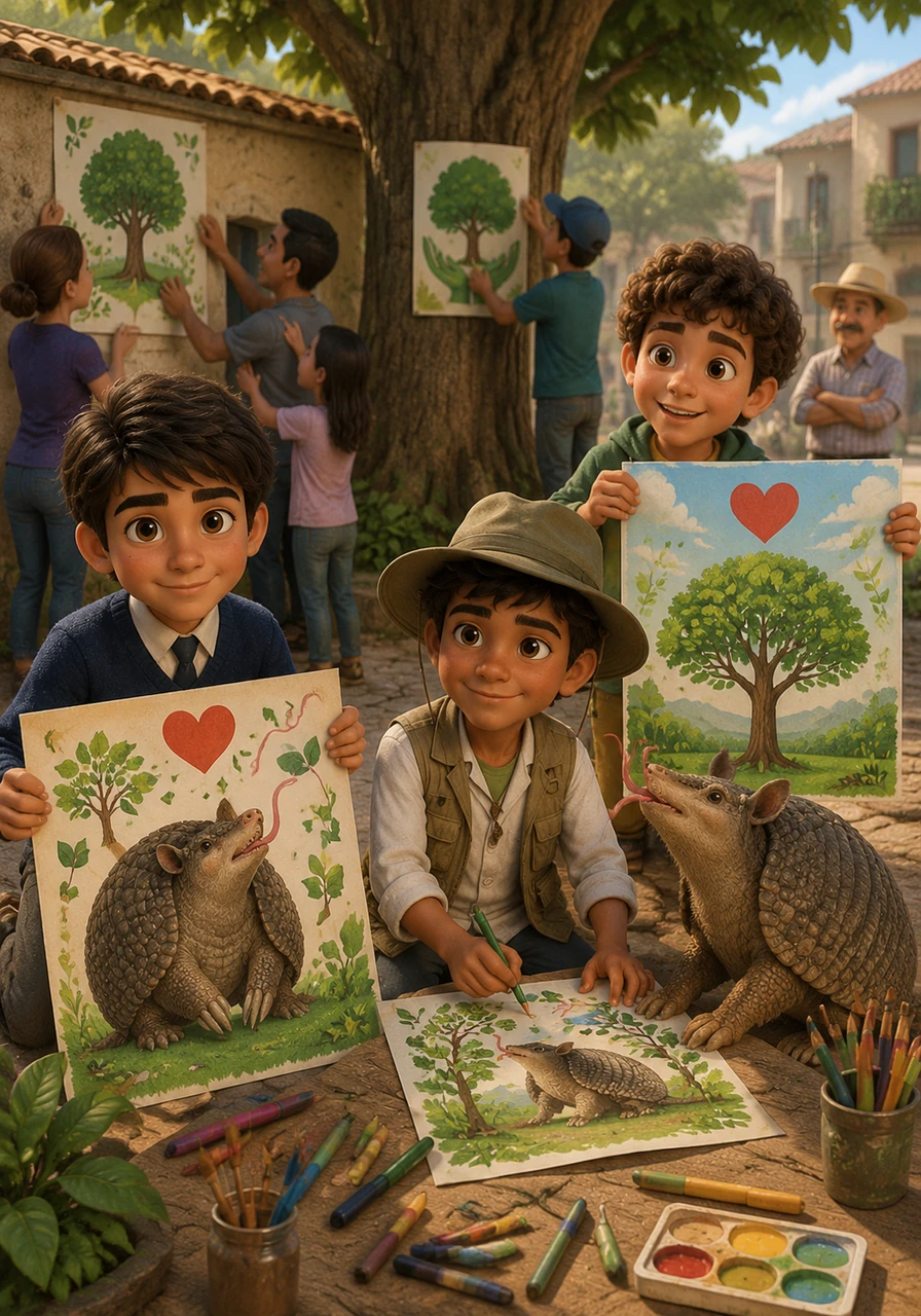 Francisco, Dante, Franco, and Felix learn that simple actions can make a huge difference. They make beautiful posters for their neighborhood to teach people about Tato. They ask everyone to stop cutting down the local trees.
