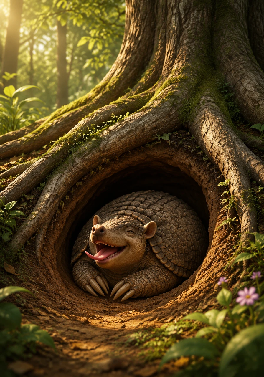 Tato digs a brand new burrow under a giant tree and rests happily. The forest is safe now because young humans learned to love and protect their wild neighbors.