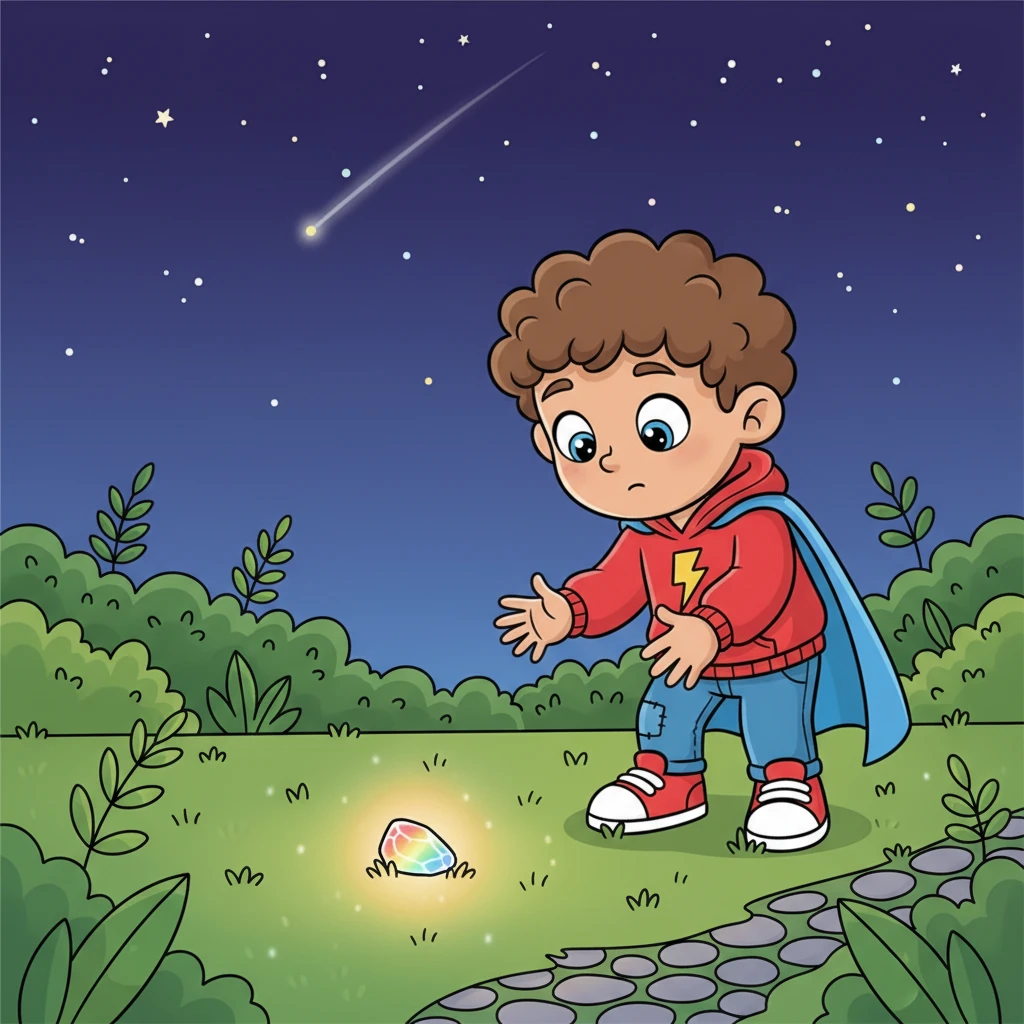 One starry evening, while Leo was gazing at the sky, a tiny, shimmering object streaked across the darkness. It landed with a soft thump in his garden, glowing with a gentle, pulsing light. Curious, Leo cautiously approached the warm, mysterious meteor shard.