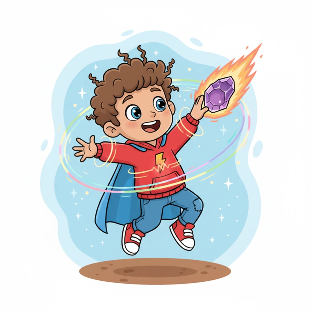 As Leo's fingers brushed the meteor shard, a warm, tingly sensation spread from his fingertips all the way to his toes. His hair stood up playfully, and he felt a sudden, exhilarating burst of energy. A strange new strength bubbled inside him, making his heart thump with excitement.