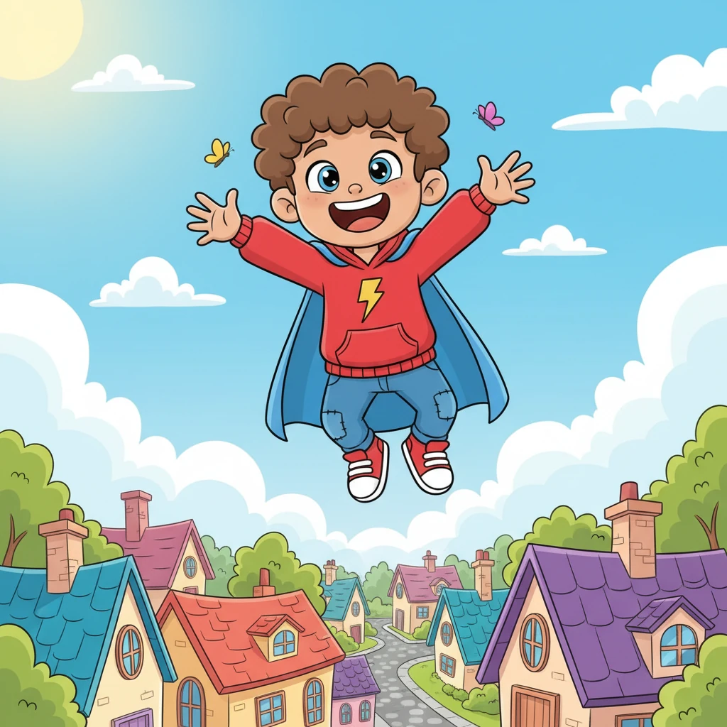 The next morning, while chasing a butterfly, Leo accidentally jumped higher than ever before, floating for a moment like a feather. With a gasp and then a giggle, he realized he could fly! He soared just above the rooftops, his laughter echoing through the air.