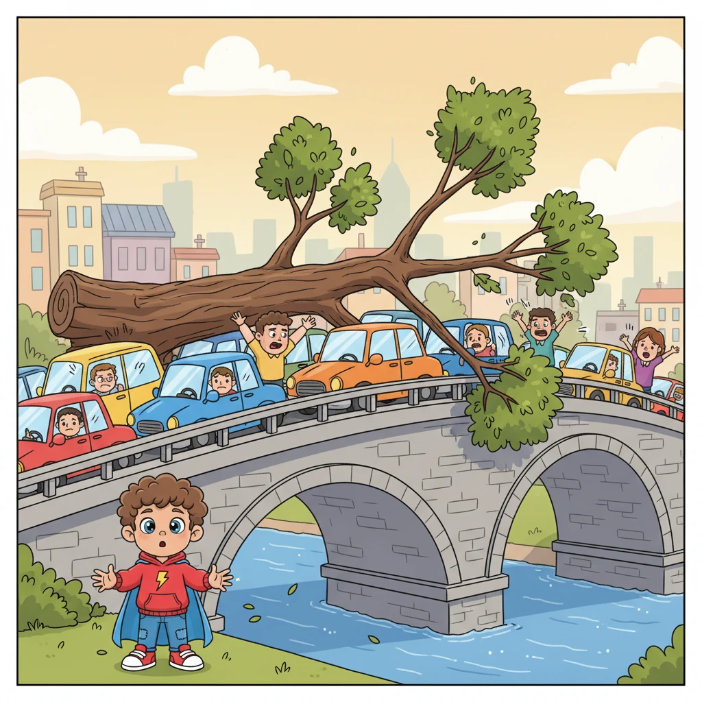 Later that day, Leo saw a big problem: a busy bridge was completely blocked by a giant, fallen tree branch, causing a huge traffic jam. Cars were honking, and people looked frustrated and helpless. It was a chaotic scene that needed a hero.