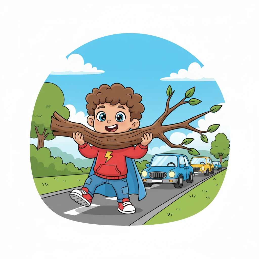 Taking a deep breath, Leo stepped forward with a confident grin. Using his newfound super strength, he carefully lifted the enormous branch as if it were a twig and moved it safely to the side of the road. The path cleared instantly, and cars started moving again.