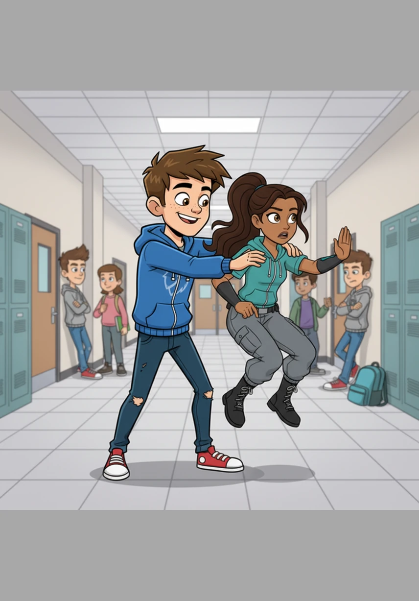 Between classes, Leo spots his friend Maya and goes to give her a playful side-hug from behind. Maya jumps in surprise and moves away, firmly telling him that she really doesn't like being touched without warning or permission.