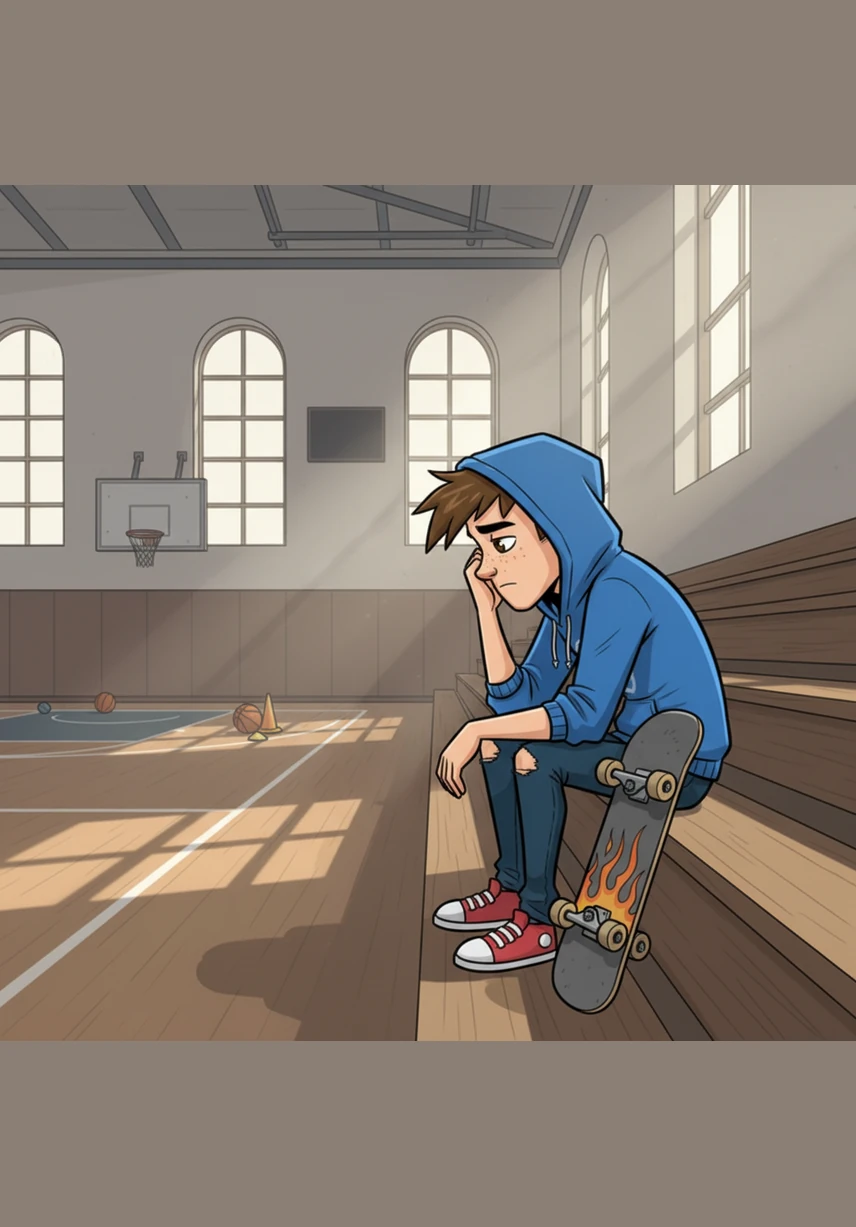 Later that afternoon, Leo sits alone on the gym bleachers, feeling a heavy sense of confusion about why his friends seem so distant. He begins to realize that his way of being friendly might actually be making the people he cares about feel crowded or uncomfortable.