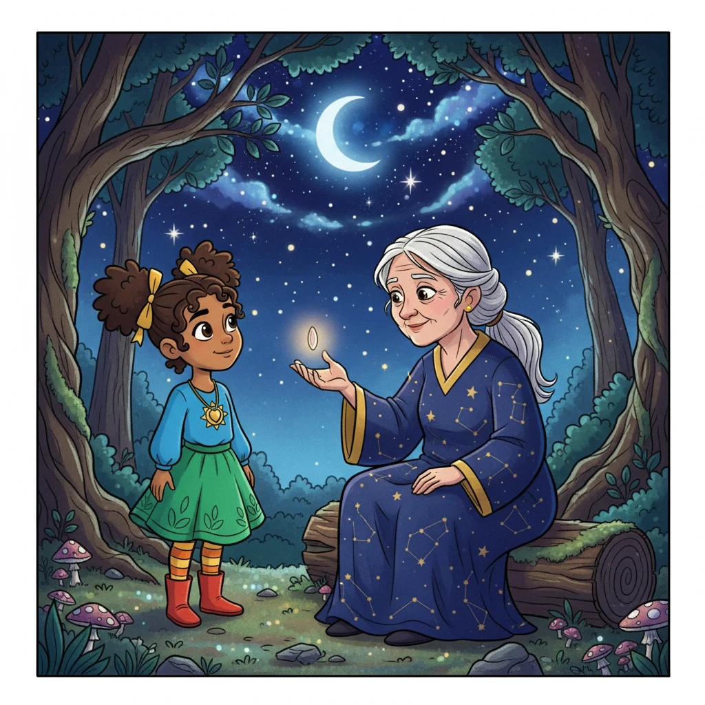 Reaching the light, Elara saw a wise, old woman sitting beneath a starry sky. The woman smiled, her eyes filled with understanding. She offered Elara a seed, telling her it was a chance for a fresh beginning.