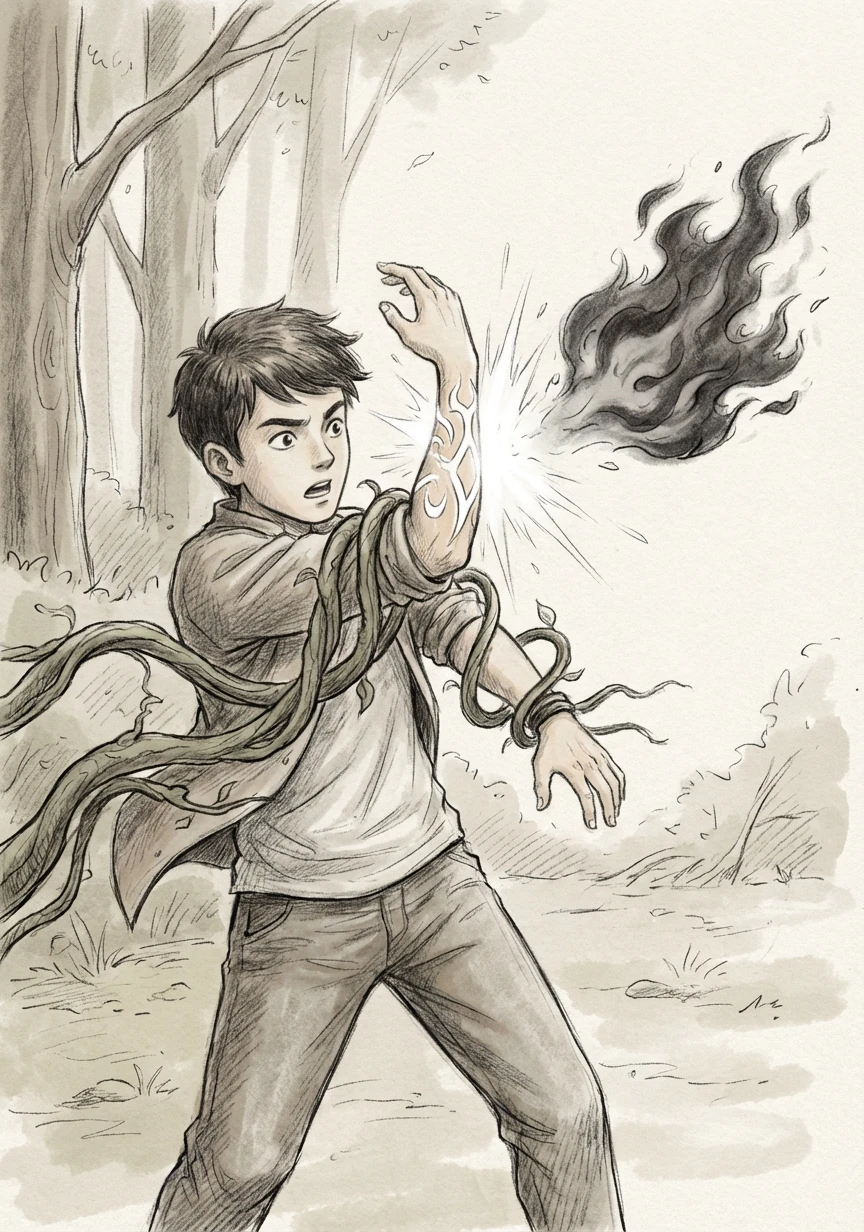 林晓猛地转身用手臂格挡，纹路瞬间爆发出强光将黑焰弹开，却也让藤蔓趁机缠上了他的手臂。