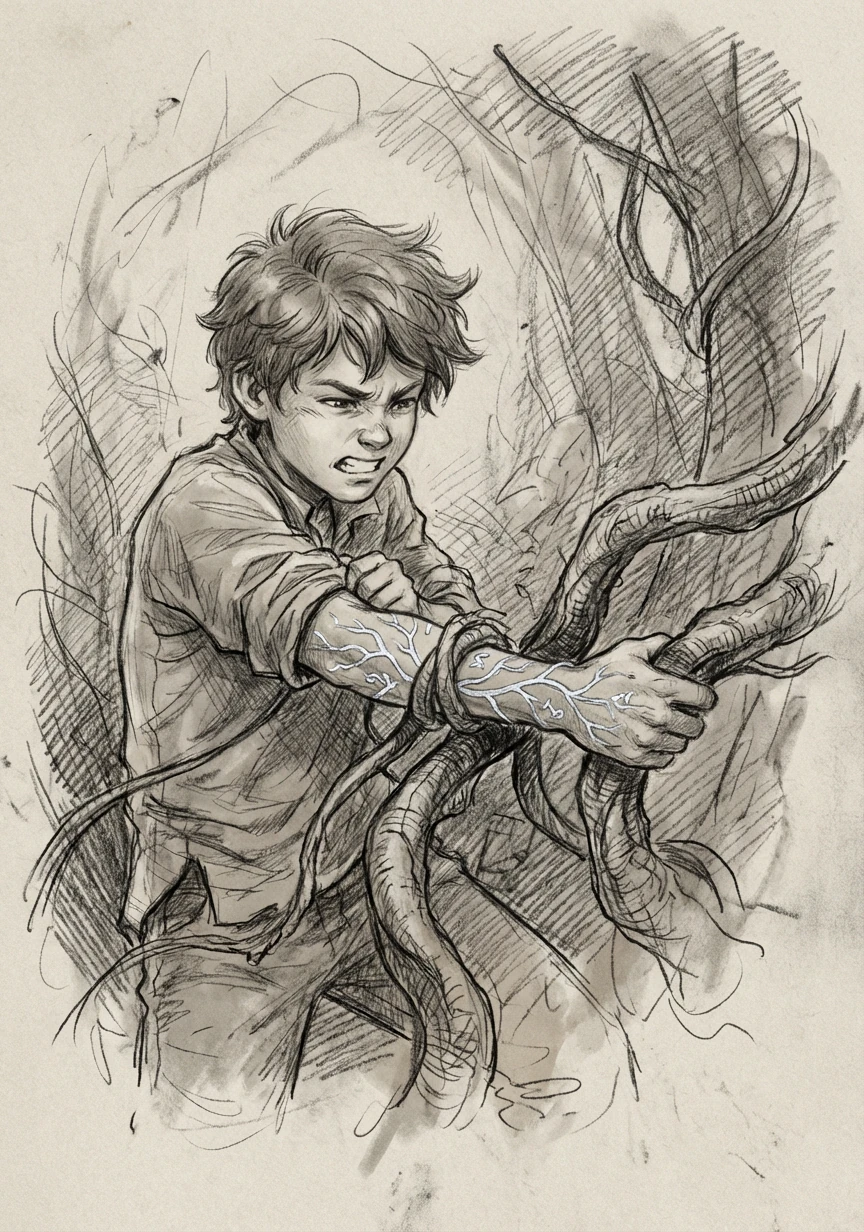 藤蔓越收越紧，林晓咬紧牙关，手臂上的银色纹路开始向藤蔓蔓延，试图阻止黑暗的侵蚀。