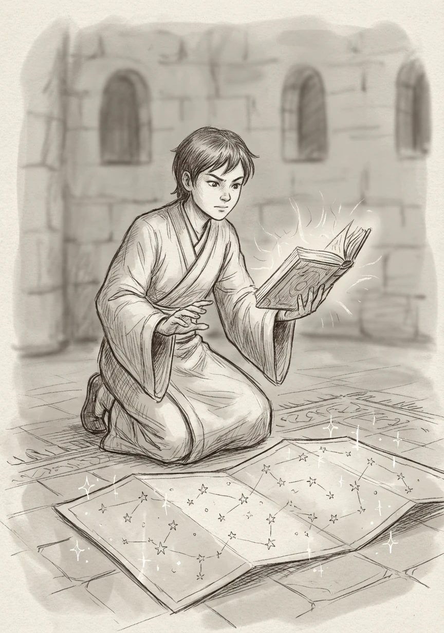 苏瑶见状，立刻吟唱咒语，古籍散发出柔和的光芒，星图上的星辰开始闪烁。