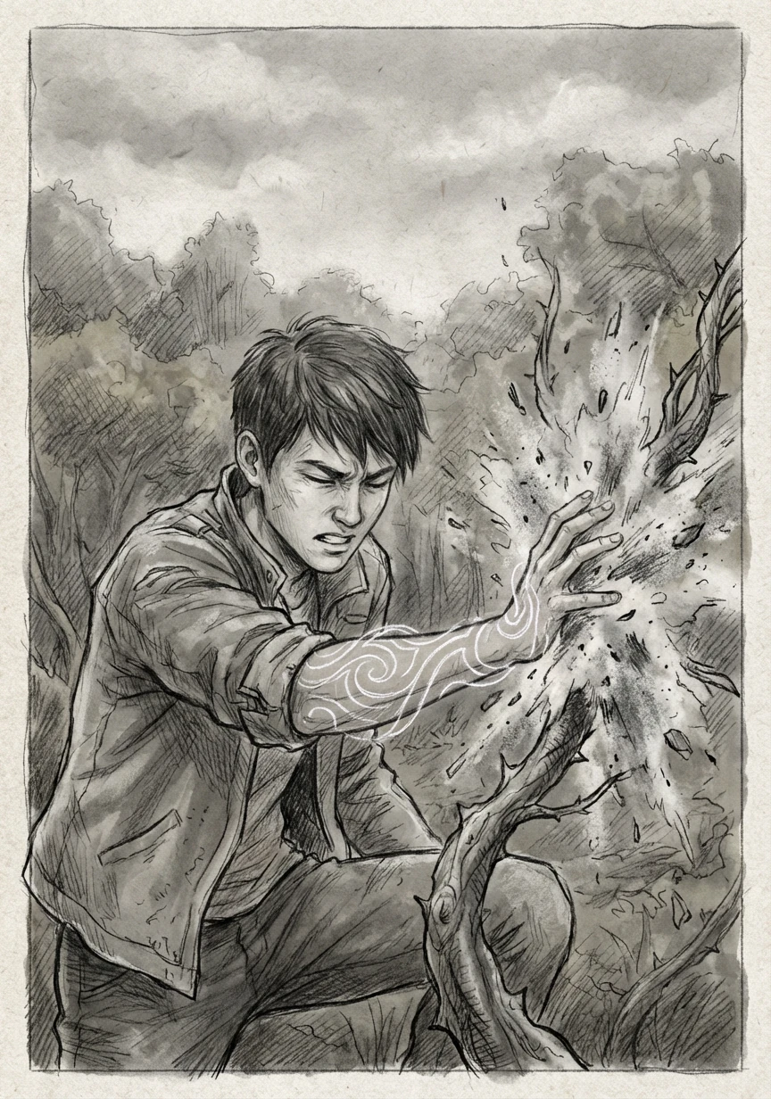 林晓忍着剧痛，集中精神，将手臂上的纹路之力全部注入藤蔓之中，藤蔓瞬间爆裂成灰。