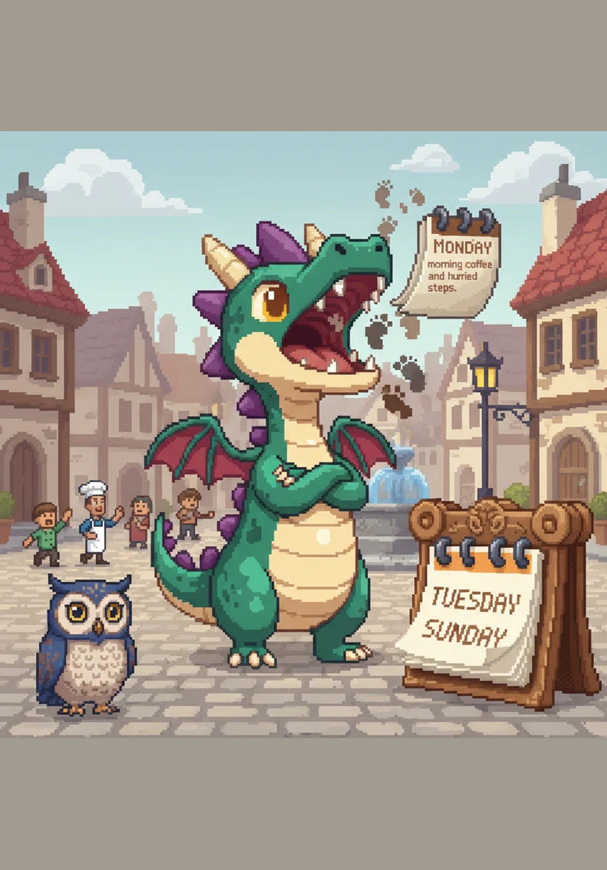 Χωρίς να το σκεφτεί δεύτερη φορά, ο δράκος άνοιξε το στόμα του και κατάπιε ολόκληρη τη Δευτέρα, νιώθοντας μια παράξενη γεύση από πρωινό καφέ και βιαστικά βήματα. Ξαφνικά, το ημερολόγιο πήδηξε από την Κυριακή κατευθείαν στην Τρίτη.