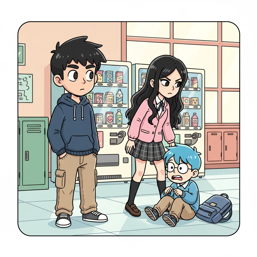 Nijaki Hayame, a quiet student with spiky hair and observant eyes, stands calmly by the school vending machines. He watches as the beautiful but sharp-eyed Toki Shiraka, with her flowing black hair, intimidates a cowering freshman. Nijaki, hands in his pockets, steps forward with a determined look, ready to intervene.