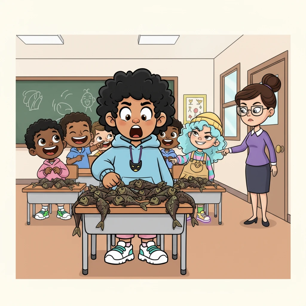 The next morning, Nijaki stares in shock at his desk, covered in rotten, sun-dried fish, while the entire class erupts in laughter. Toki Shiraka leans back in her chair, a villainous smirk playing on her lips. Nijaki slams his fist on the desk, his face a mix of anger and humiliation as the teacher points them both towards the door.