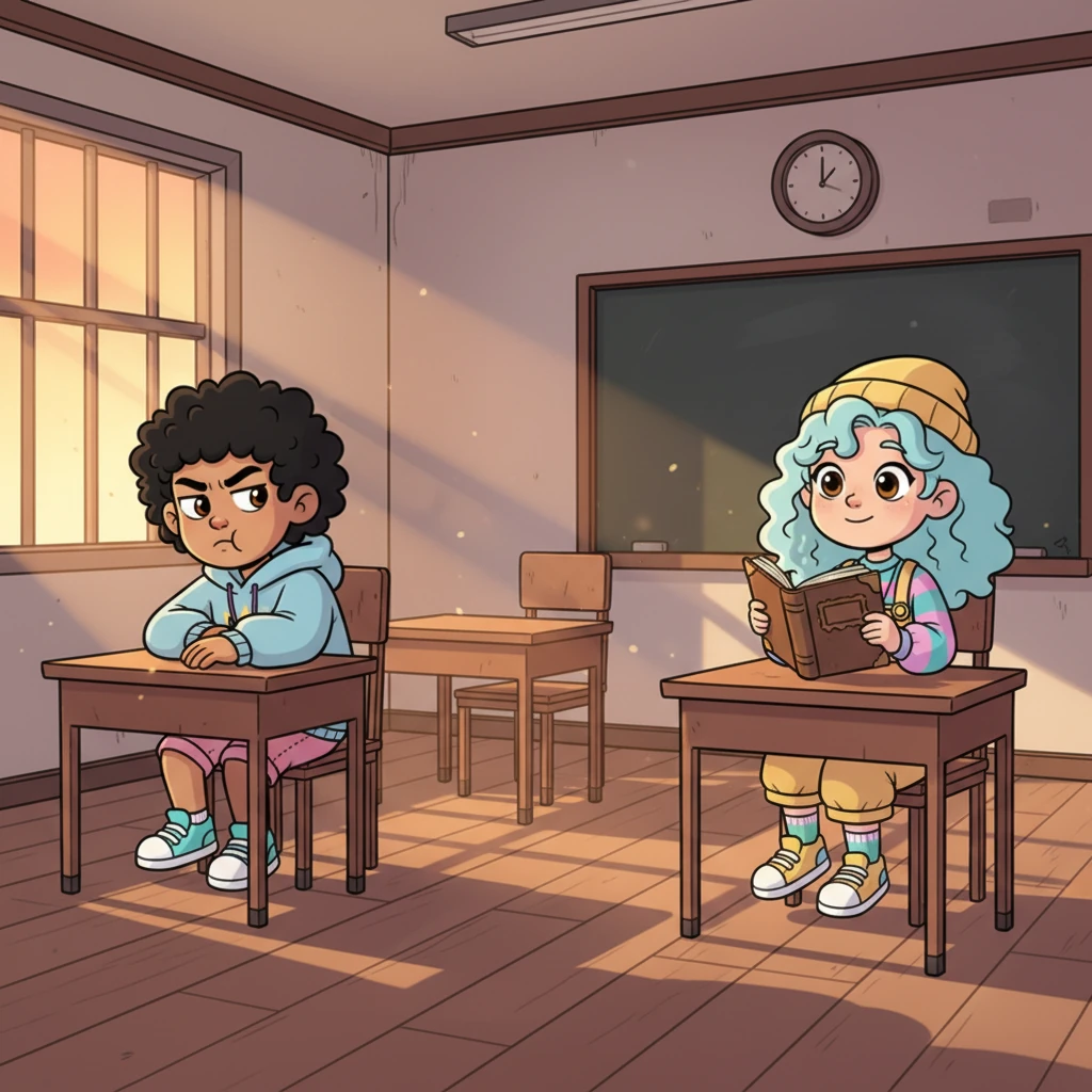 In the dusty detention room, bathed in the warm, orange glow of the setting sun, Nijaki and Toki sit far apart. Nijaki, still fuming, glances over to see Toki engrossed in an old, worn diary. Her cruel expression has softened into a gentle, fragile smile as she reads, revealing a glimpse of vulnerability.