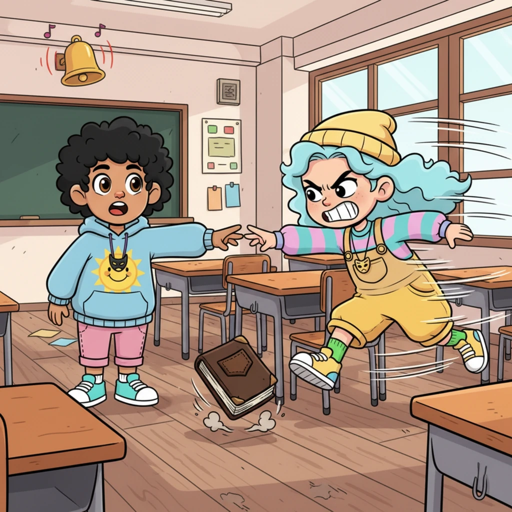 Toki, startled by Nijaki's gaze, snaps at him with a harsh glare, her previous softness vanishing. As the detention bell rings, she rushes out of the room in a blur of motion. In her haste, a worn, leather-bound diary slips unnoticed from her desk and tumbles onto the dusty floor.
