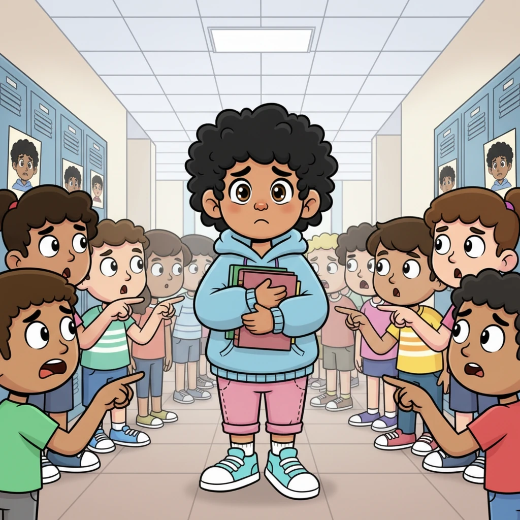 The next day, Nijaki walks through the bustling school hallways, his face etched with disbelief and hurt. Posters with his photo and the words "BEWARE: STALKER" are plastered everywhere. Whispers and pointing fingers follow him, making the air feel thick and suffocating.