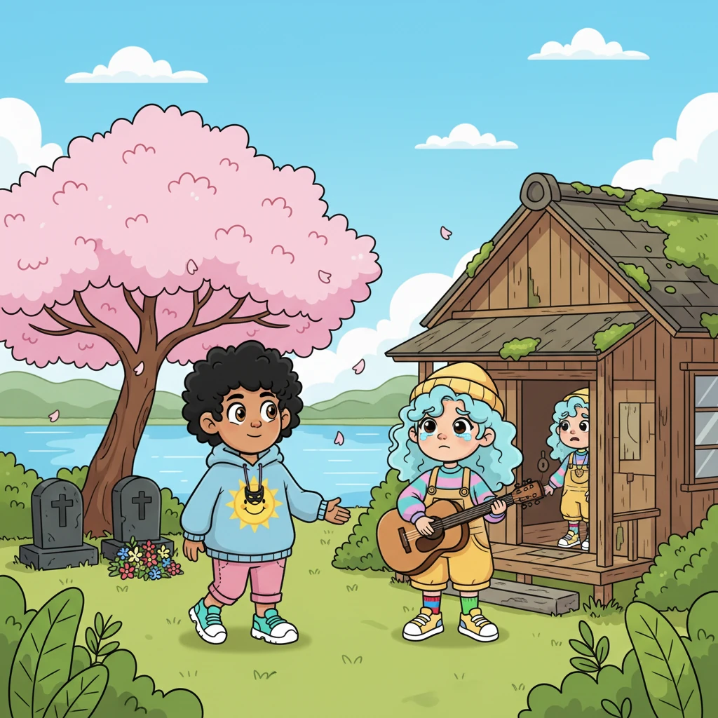 On a bright Saturday morning, Nijaki approaches Toki's small, aged house. Toki emerges, her eyes red-rimmed and holding a guitar, beckoning him. She leads him to a serene spot with two grave markers beneath a cherry blossom tree by a calm lake, where she tenderly places flowers and begins to sing a mournful, beautiful song.