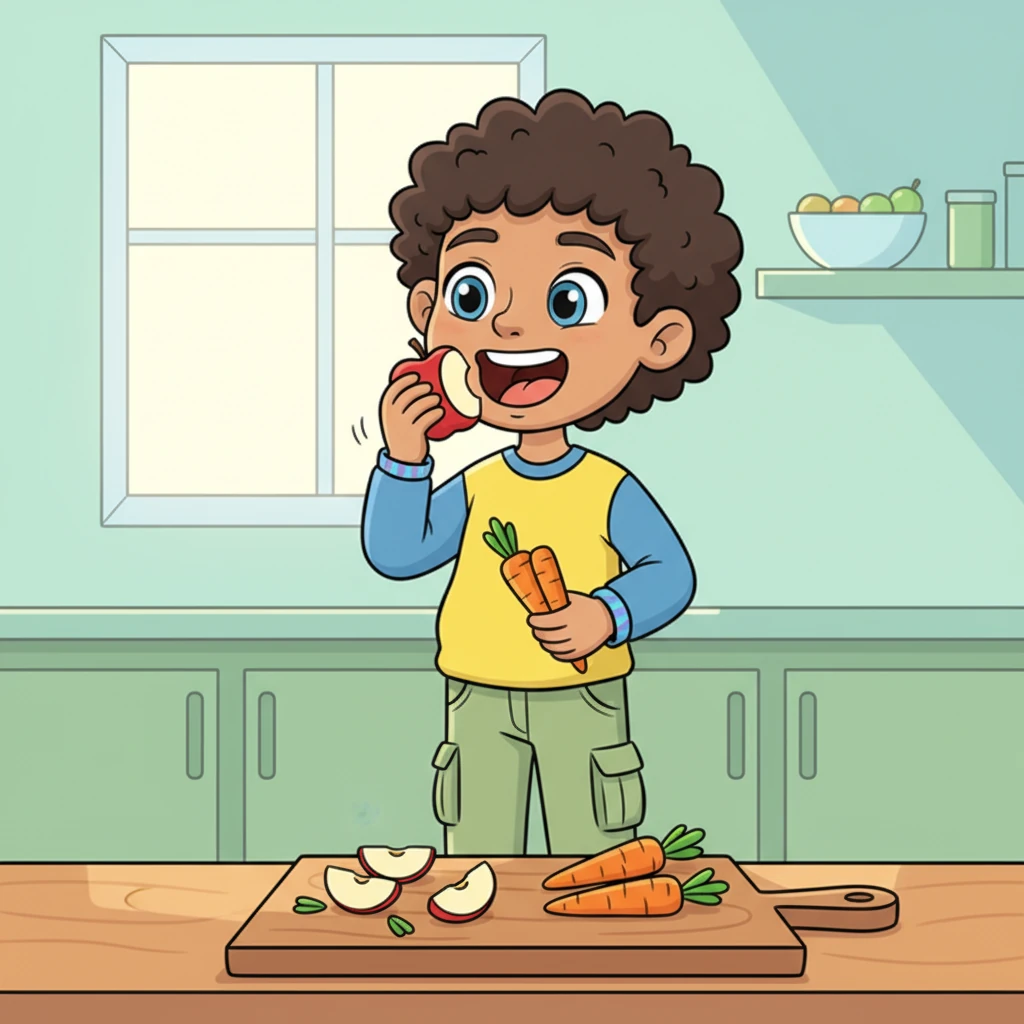 Good news! Leo could chew on yummy, healthy food because food is safe and good for him. He loved munching on crunchy apple slices and crisp carrot sticks. These treats made his tummy and his mouth happy!