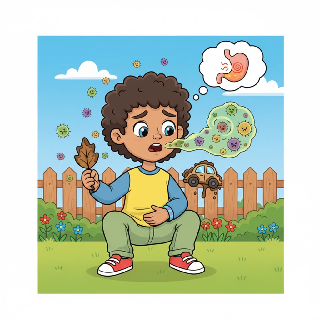 If Leo chewed on things like dirty toys or leaves from outside, they could have invisible, yucky germs. These tiny germs could make him feel very sick and give him a tummy ache. We don't want any germy surprises!