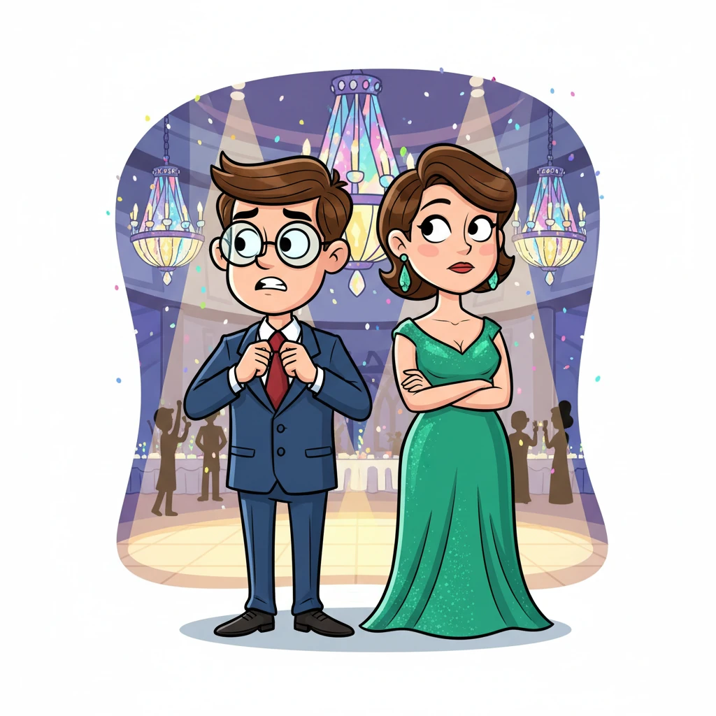 Arthur Sterling, a young manager with glasses perched on his nose, nervously adjusted his bespoke suit. Beside him, his wife Eleanor shimmered in a dazzling emerald gown, her expression a mix of elegant boredom and a hint of impatience, amidst the glittering chandeliers of the corporate gala. The air was thick with the scent of ambition and expensive perfume, as vibrant spotlights bounced off polished floors.