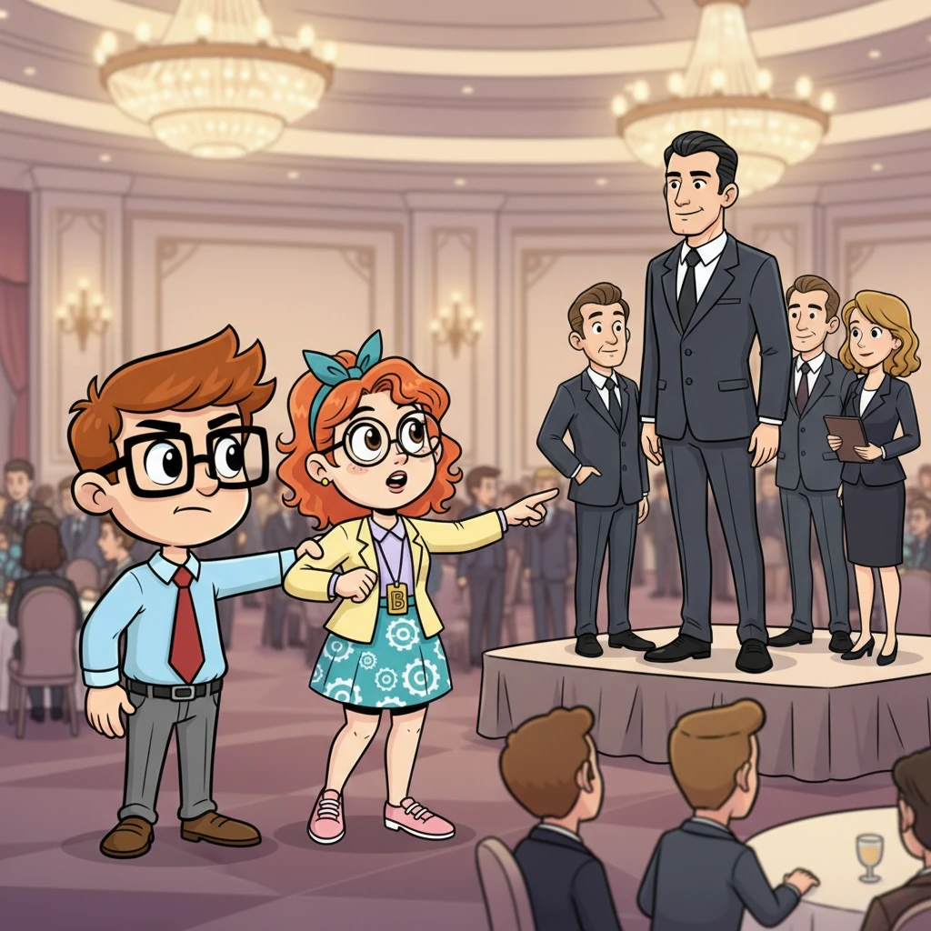 Arthur's eyes, wide with determination, locked onto the imposing figure of Mr. Thorne across the room. Mr. Thorne, with a sharp, tailored suit and an aura of effortless command, was surrounded by a cluster of admiring executives. Arthur, pulling Eleanor gently by the elbow, began to navigate the crowded ballroom, his heart thumping with a mix of fear and excitement.