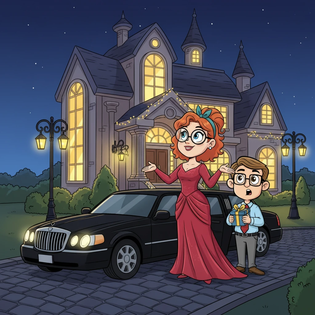 A few evenings later, a sleek limousine pulled up to a grand, illuminated mansion, its architecture a flamboyant display of modern luxury. Arthur, clutching a small gift, looked overwhelmed yet thrilled, while Eleanor, in a breathtaking ruby red dress, stepped out with an air of confident anticipation, her eyes gleaming at the opulent facade.